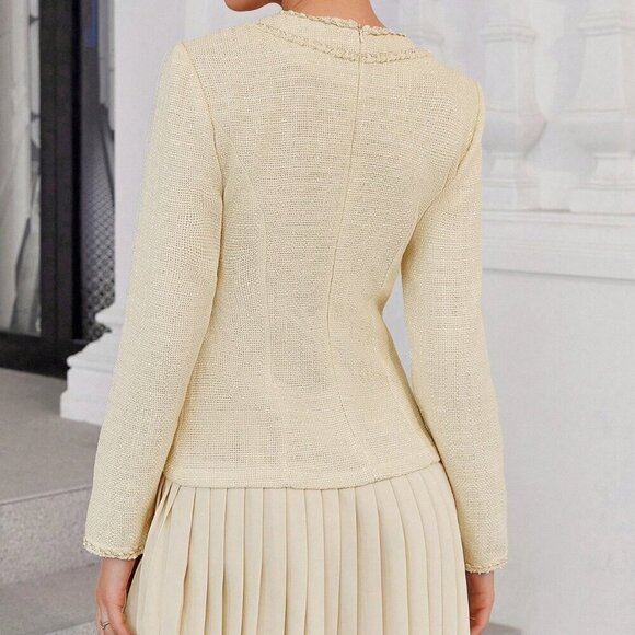 Beige Elegant Women's French Retro Waist Slimming Chic Mixed Fabric Dress - Picture 2 of 4